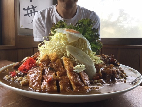 山梨デカ盛り聖地ぼんちミックスカツカレー横アングル比較
