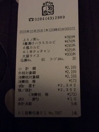 足利炭火苑29の日半額レシート